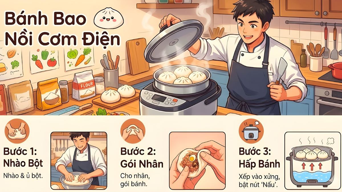 Làm bánh bao hấp bằng nồi cơm điện