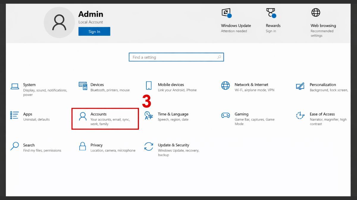 Cách đặt mật khẩu máy tính Win 10 trong Settings