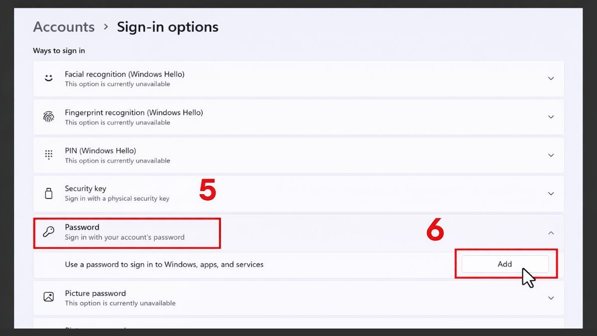 Đặt mật khẩu máy tính Windows 11 qua Settings