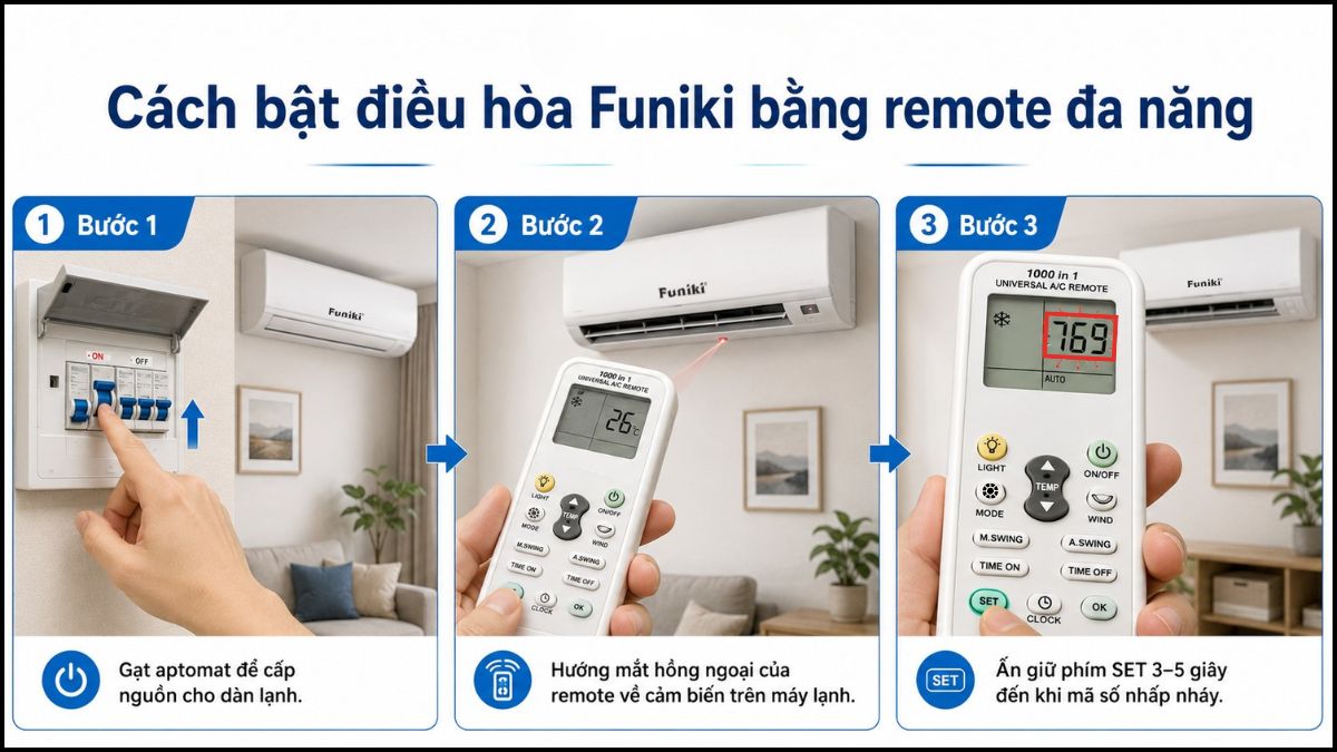 Sử dụng remote đa năng để mở điều hòa Funiki