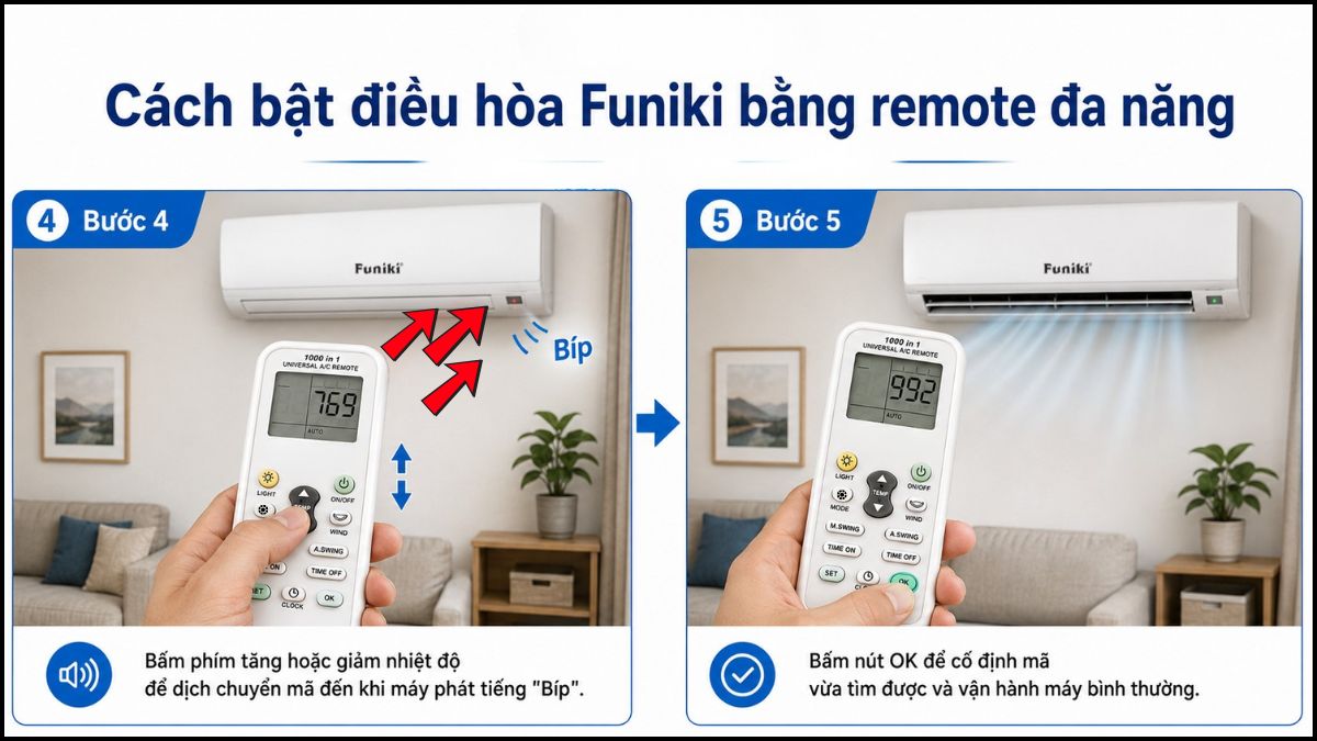 Sử dụng remote đa năng để mở điều hòa Funiki