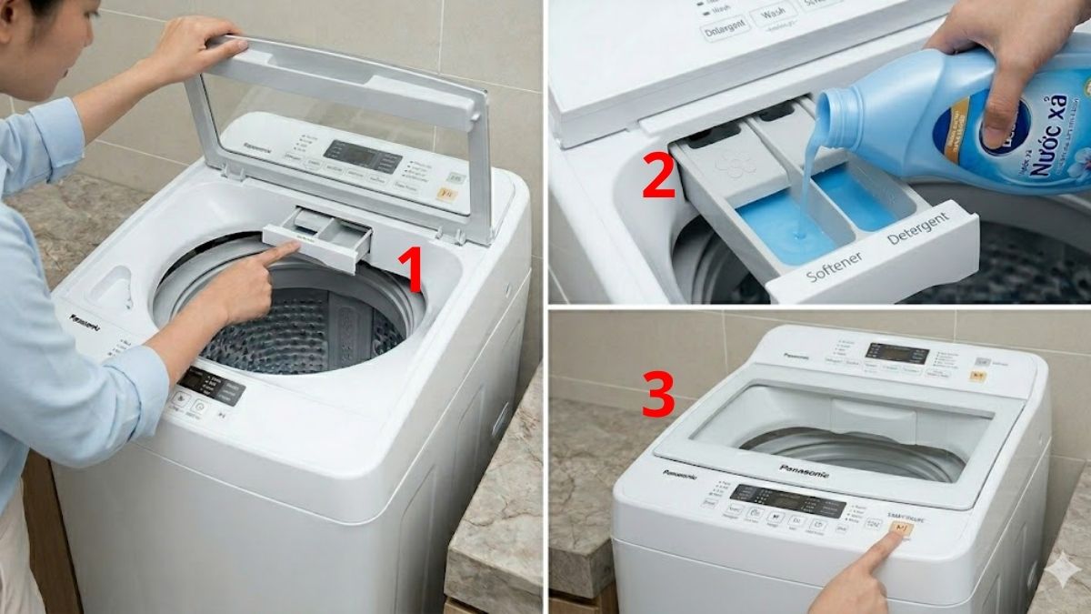 Cách bỏ nước xả vào máy giặt Panasonic cửa trên