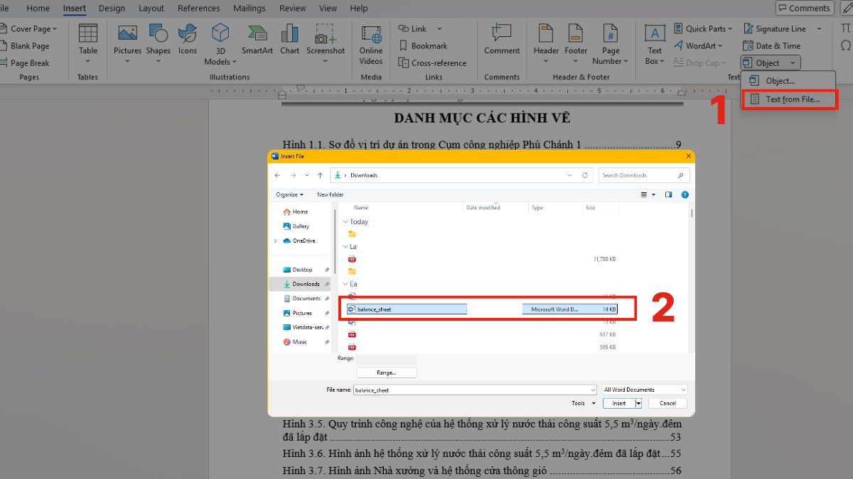 Chèn nội dung file Word bằng Insert Text from File