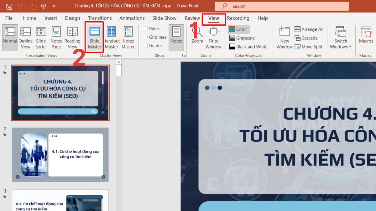 Chọn Slide Master để chỉnh font chữ