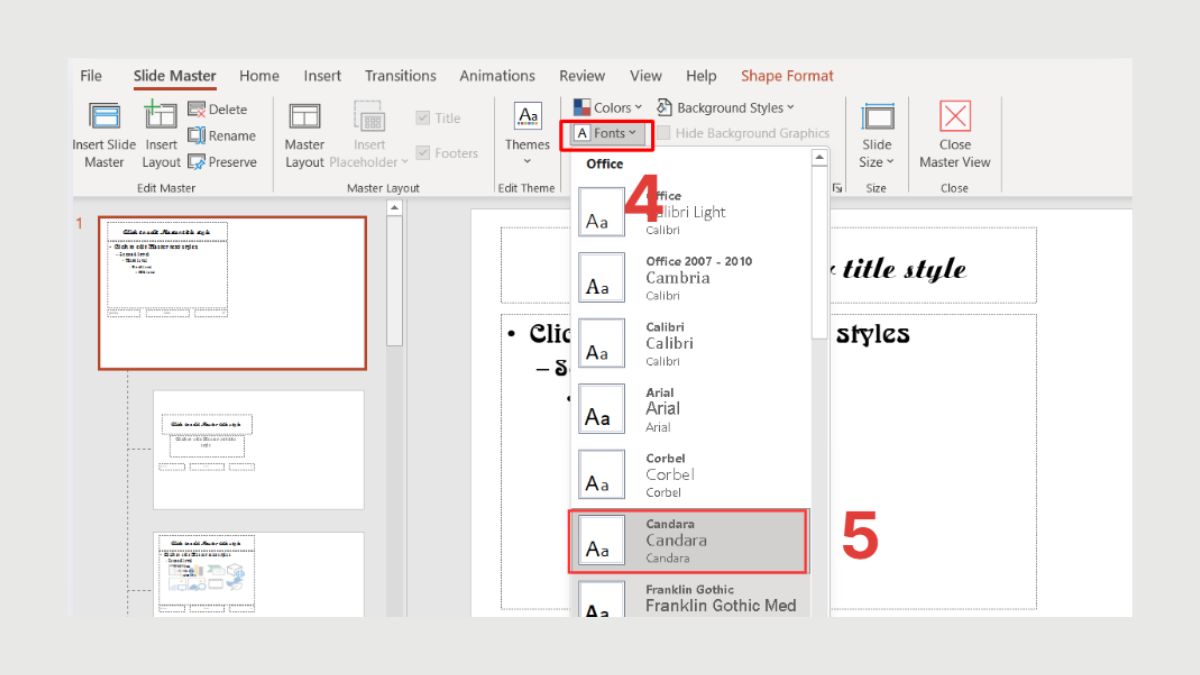 Chọn Slide Master để chỉnh font chữ