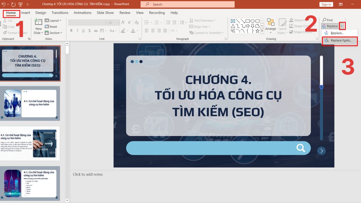 Sử dụng Replace Fonts để chỉnh font cho tất cả slide