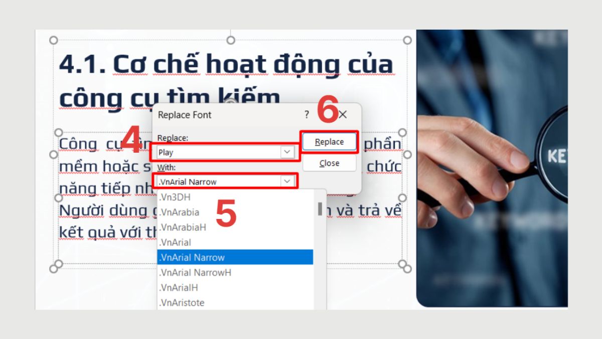 Sử dụng Replace Fonts để chỉnh font cho tất cả slide