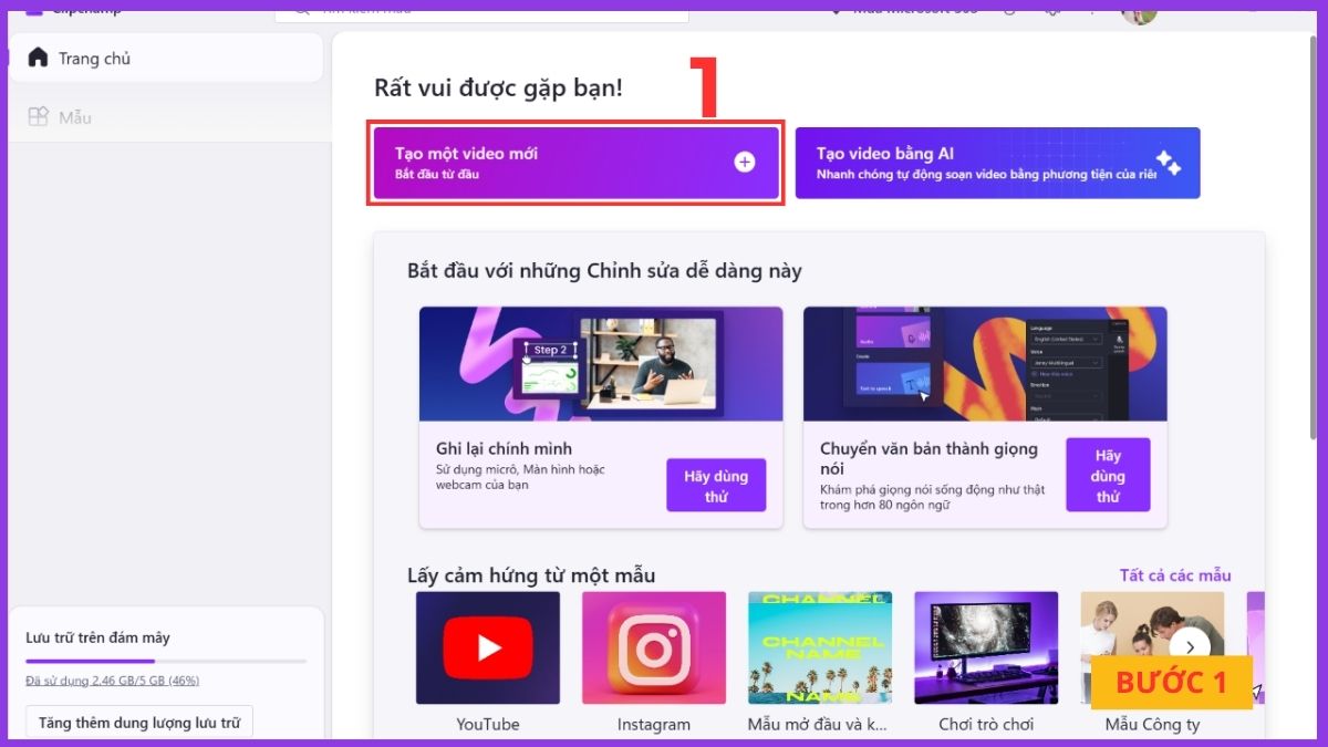 Tạo 1 dự án mới trong ClipChamp