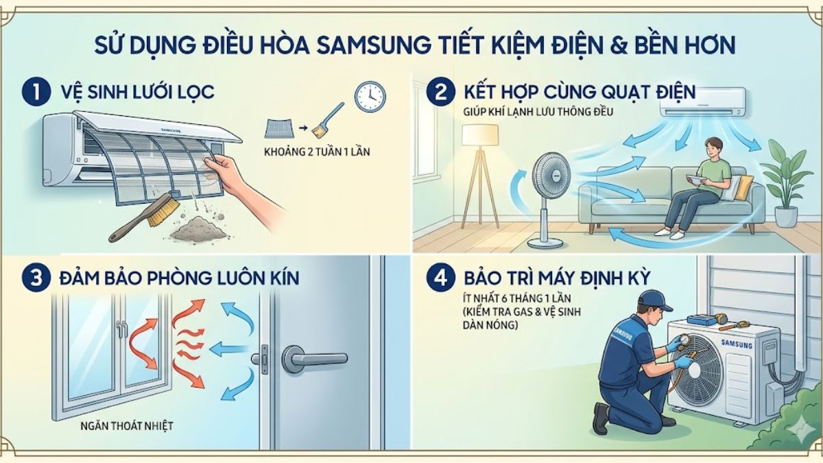 Mẹo sử dụng điều hòa Samsung tiết kiệm điện và bền hơn
