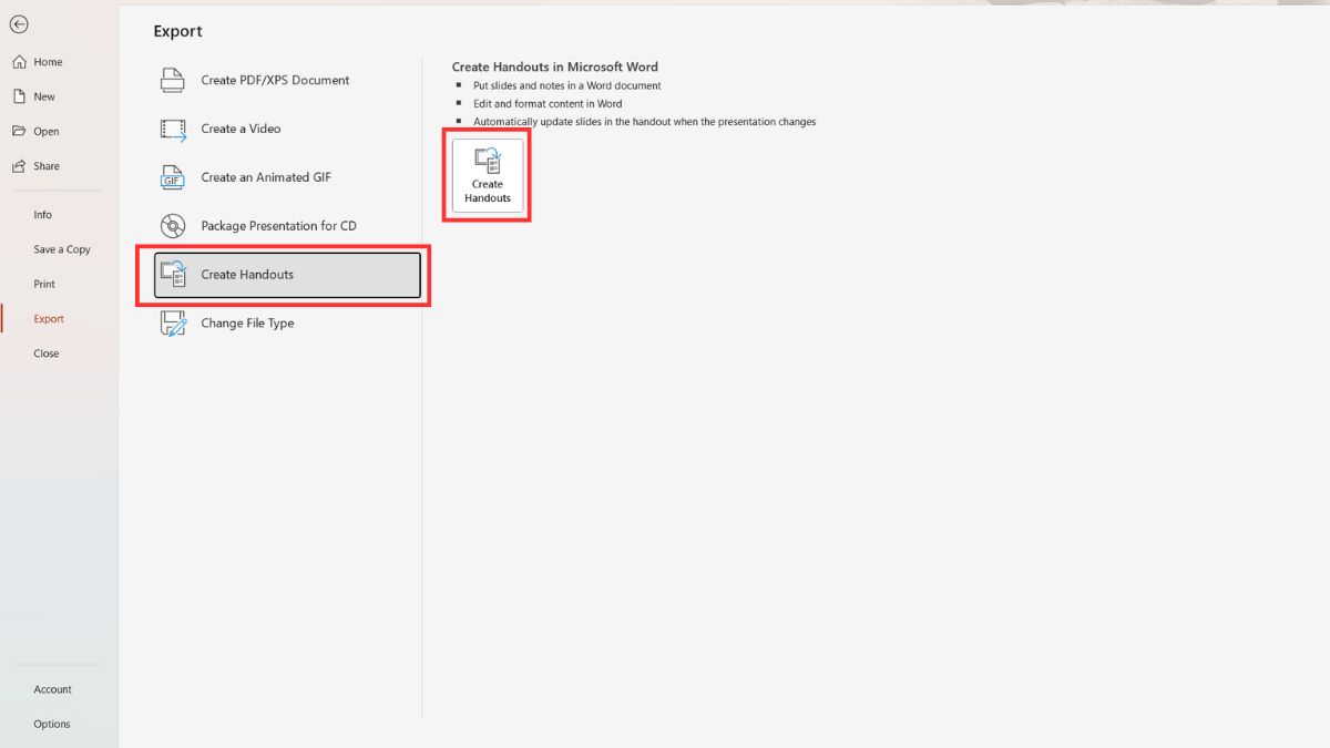 Sử dụng Create Handouts để chuyển file PowerPoints sang Word