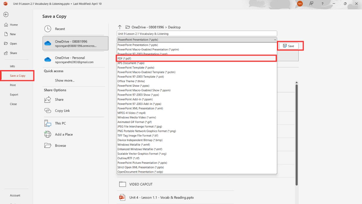 Chuyển PowerPoint sang Word bằng Save As/Export PDF