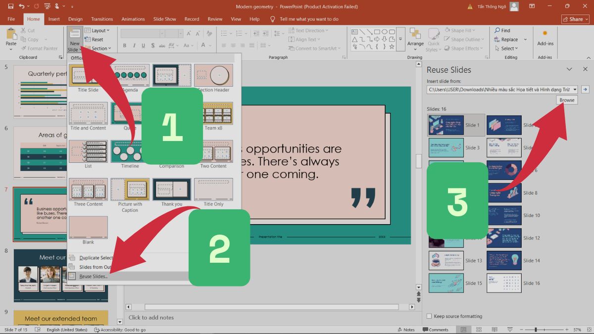 Sử dụng tính năng Reuse Slides để giữ nguyên hiệu ứng khi copy slide