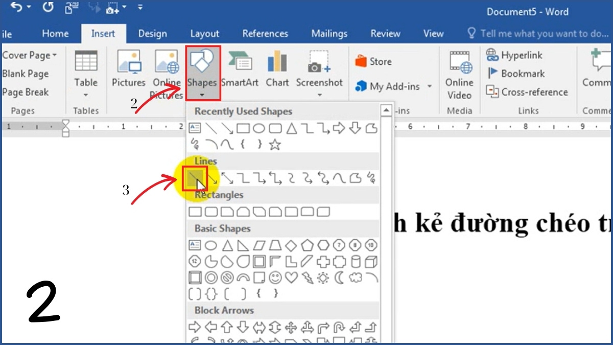 Dùng công cụ Shapes để vẽ đường chéo