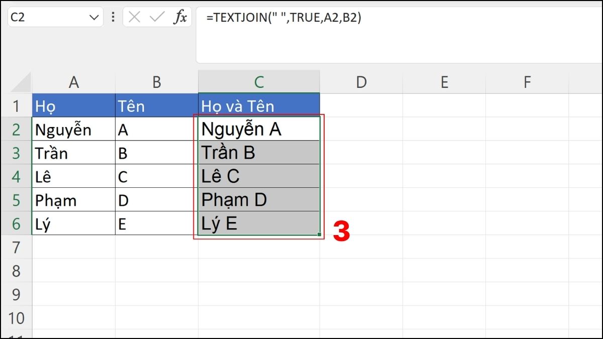 Sử dụng hàm TEXTJOIN để gộp họ tên trong Excel
