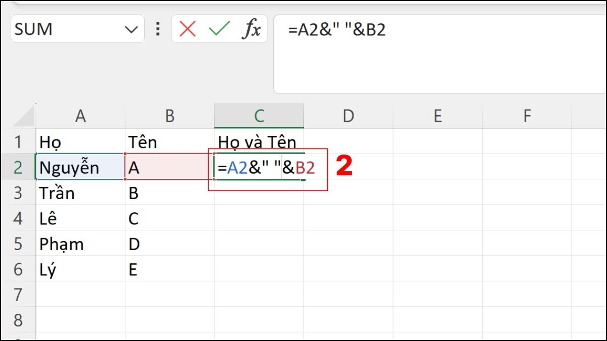 Sử dụng dấu “&” để gộp họ và tên trong Excel