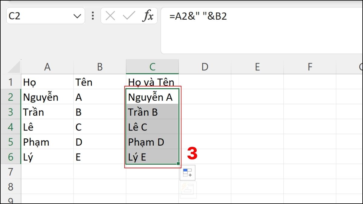 Sử dụng dấu “&” để gộp họ và tên trong Excel
