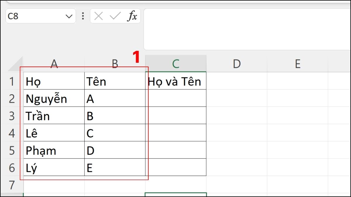 Sử dụng hàm CONCAT (hay hàm CONCATENATE) để gộp họ tên trong Excel