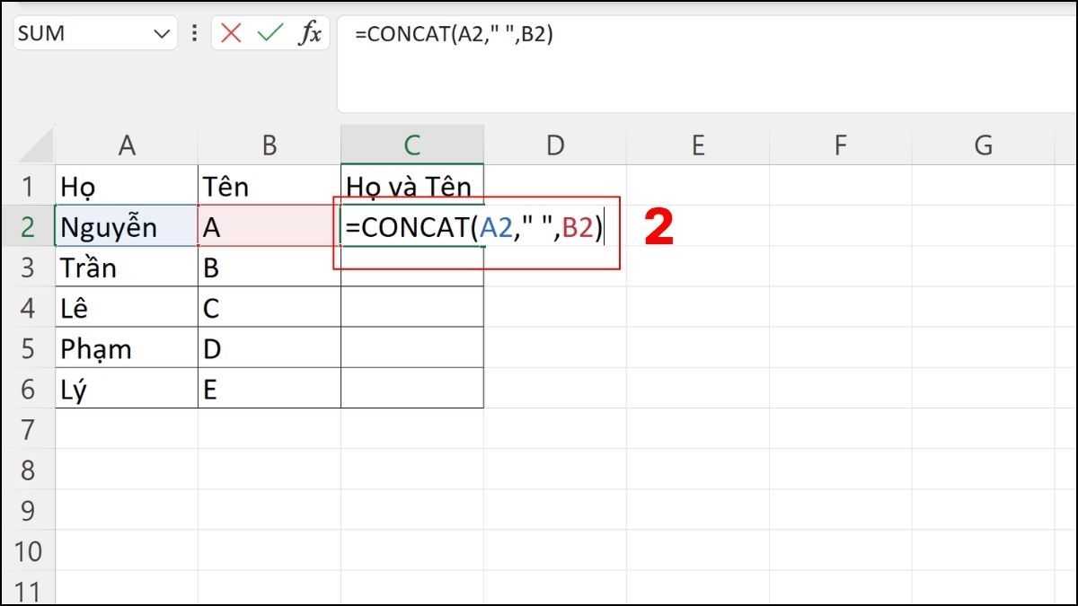 Sử dụng hàm CONCAT (hay hàm CONCATENATE) để gộp họ tên trong Excel