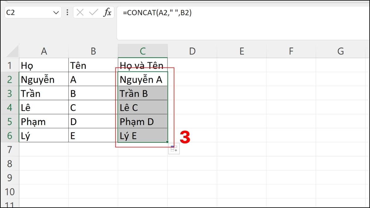 Sử dụng hàm CONCAT (hay hàm CONCATENATE) để gộp họ tên trong Excel