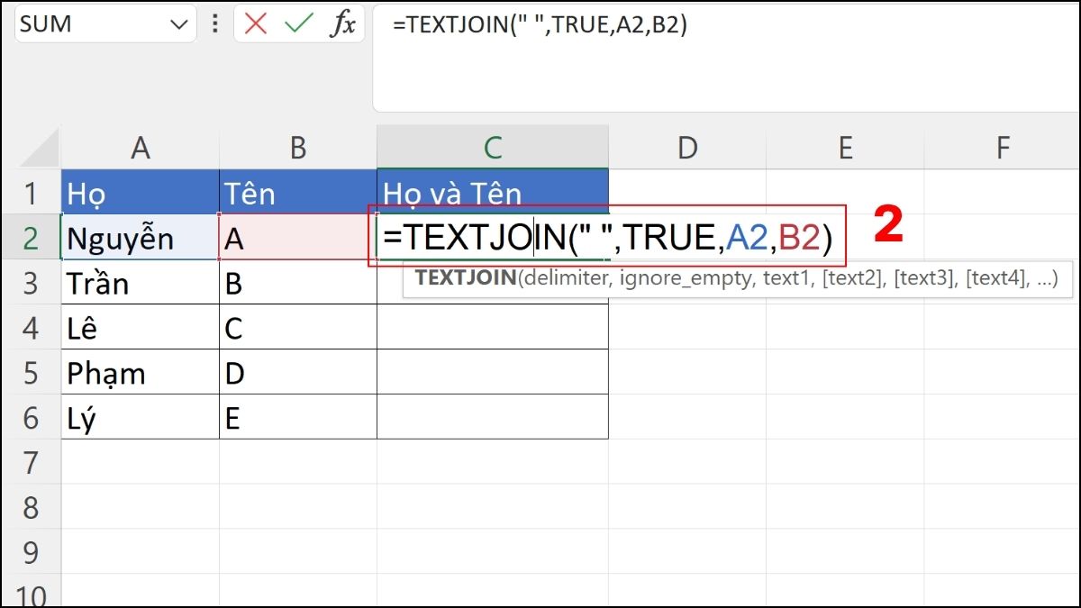 Sử dụng hàm TEXTJOIN để gộp họ tên trong Excel