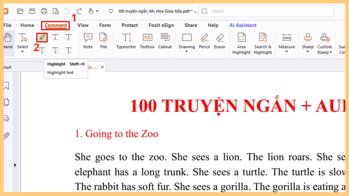 Highlight trực tiếp trên thanh công cụ của phần mềm Foxit Reader