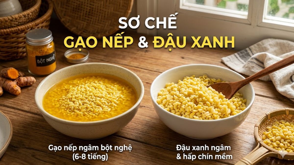 Sơ chế gạo nếp và đậu xanh để chuẩn bị nấu xôi xéo