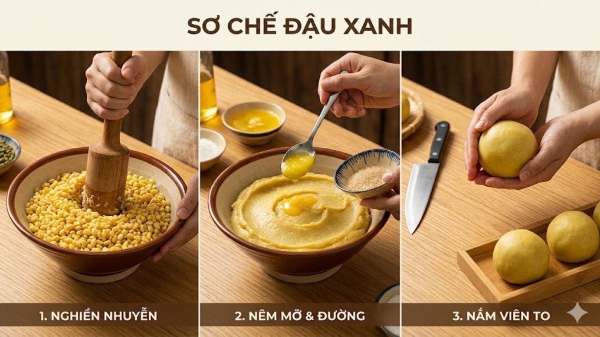Tiến hành xây đậu xanh và vo thành viên tròn lớn thật chặt