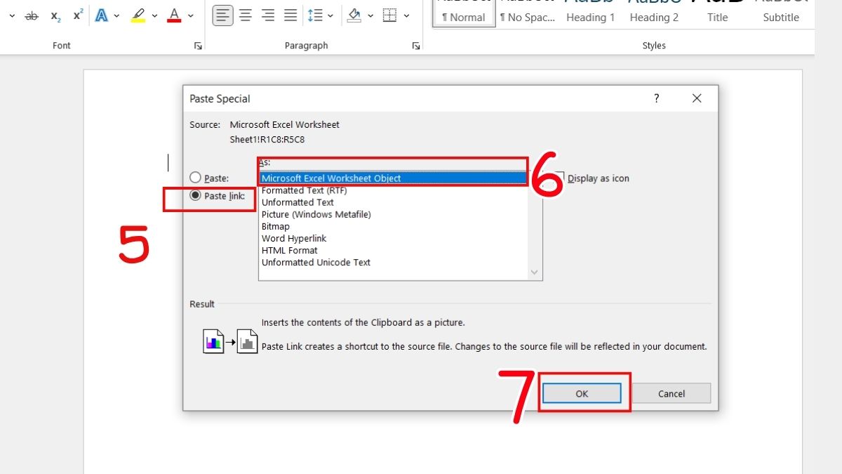 Dùng tính năng Paste Special để link dữ liệu từ Excel sang Word
