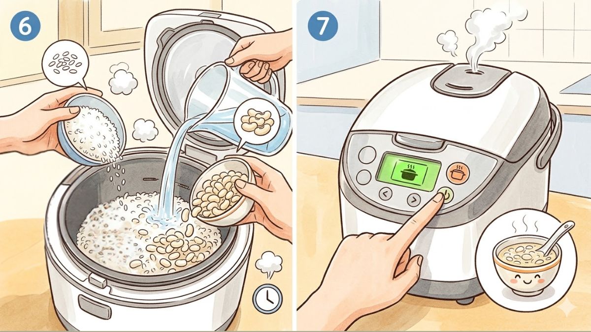 Nấu hỗn hợp gạo nếp và đậu bằng nồi cơm điện