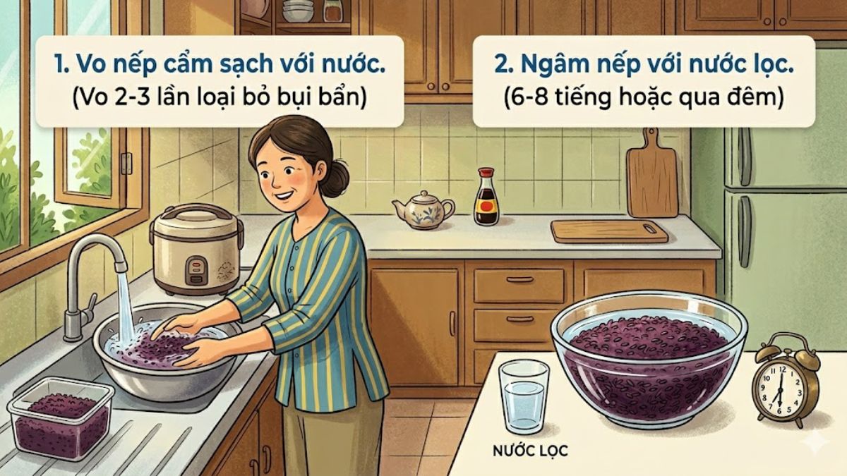 Vo và ngâm nếp cẩm trước khi nấu
