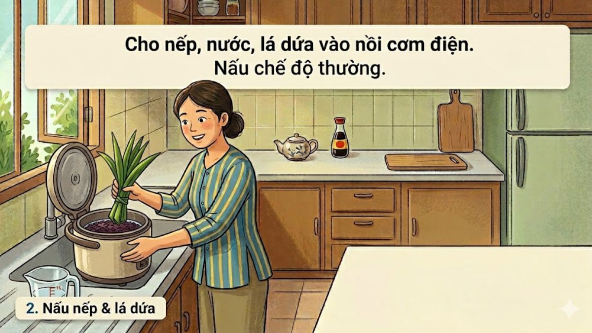 Nấu nếp cẩm với nước và lá dứa