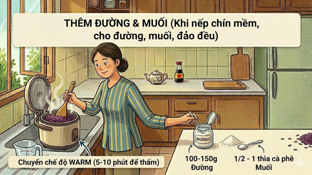 Thêm đường và muối vào nếp cẩm