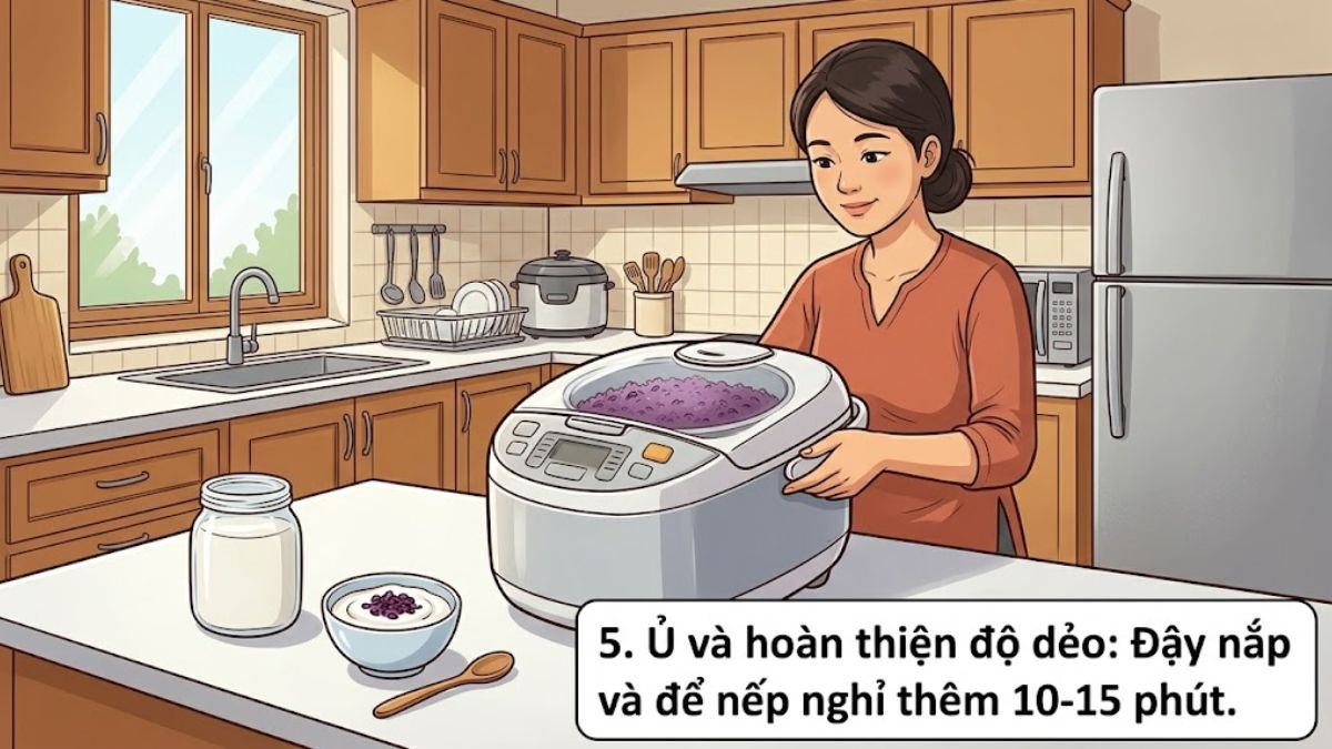 Ủ và hoàn thiện độ dẻo của nếp cẩm trước khi thưởng thức