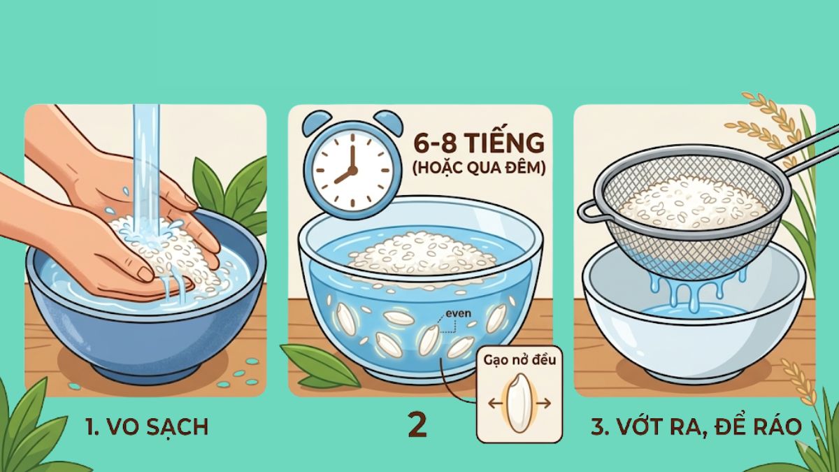 Ngâm gạo nếp trước khi bắt đầu nấu giúp hạt nở đều