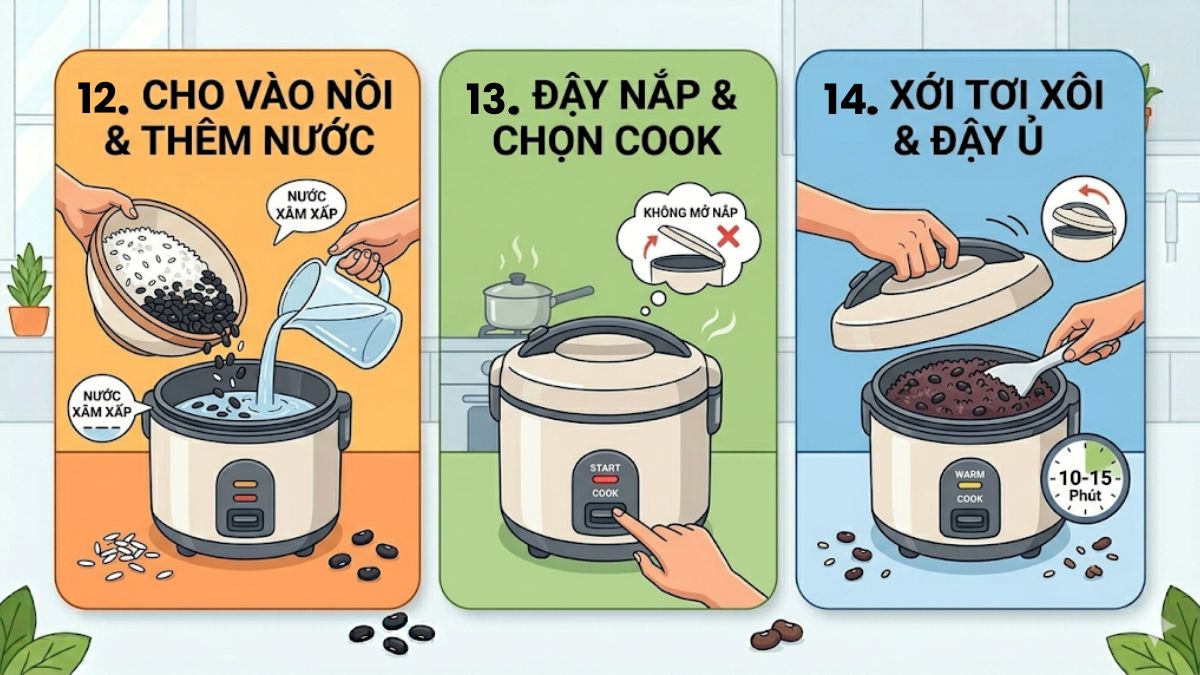 Cho nguyên liệu vào nồi và nấu xôi