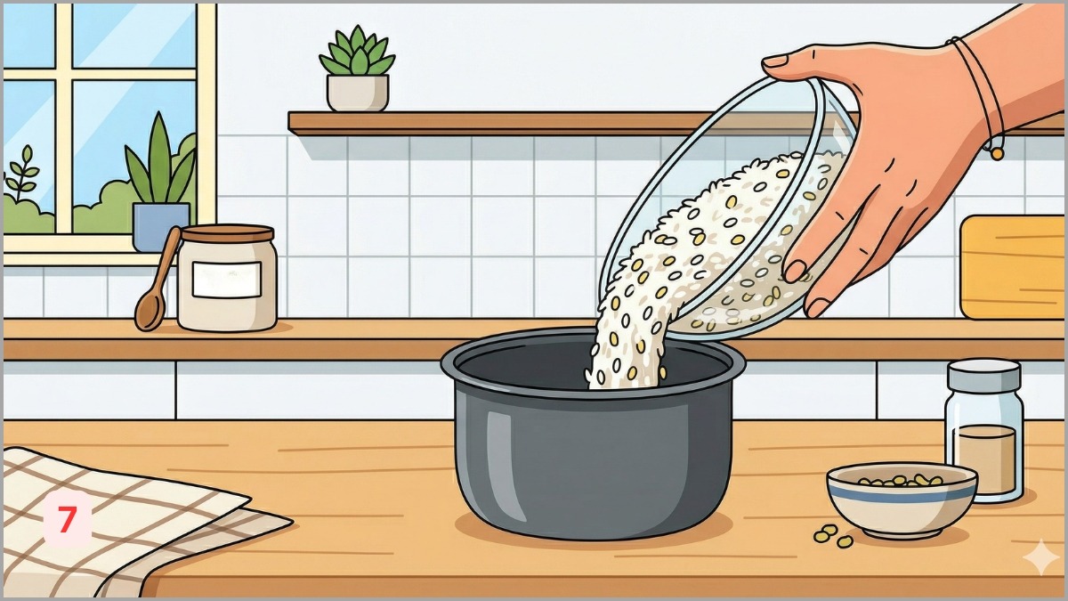 Bắt đầu nấu xôi đậu xanh bằng nồi cơm điện
