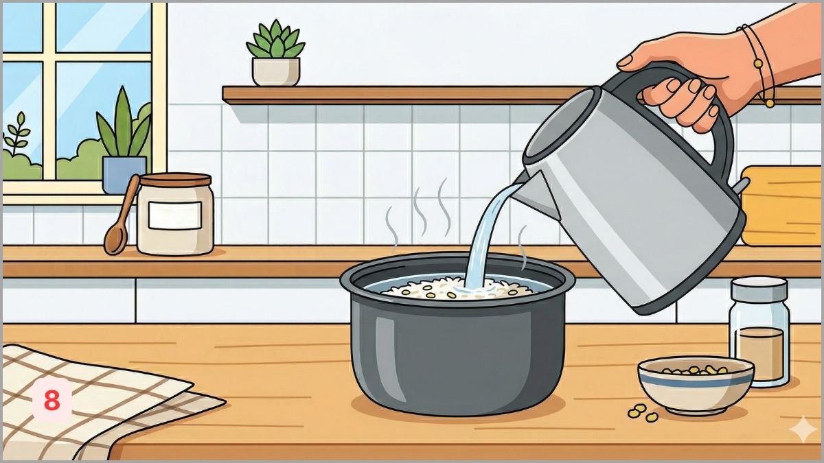 Bắt đầu nấu xôi đậu xanh bằng nồi cơm điện