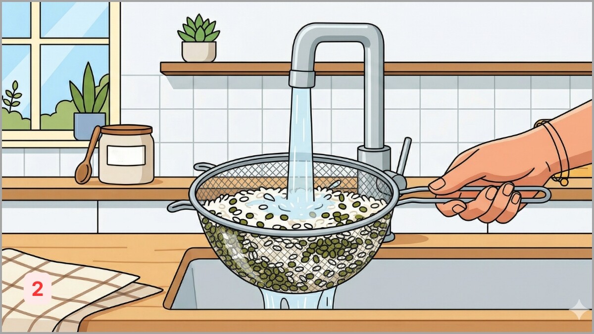 Sơ chế nguyên liệu trước khi nấu xôi đậu xanh bằng nồi cơm điện