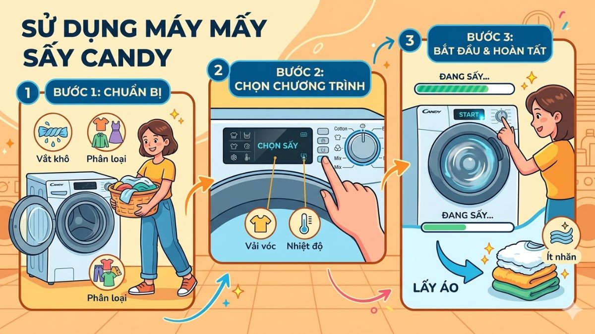 Cách sử dụng máy sấy Candy chi tiết từng bước