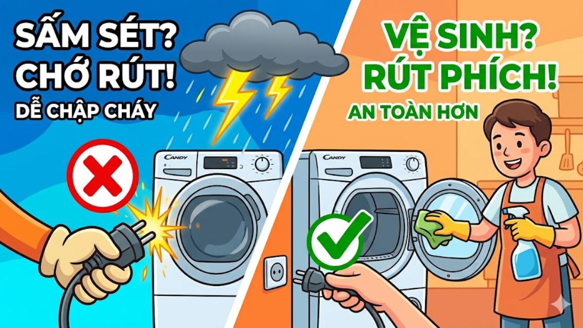 Không rút phích điện khi có sấm sét hoặc vệ sinh máy