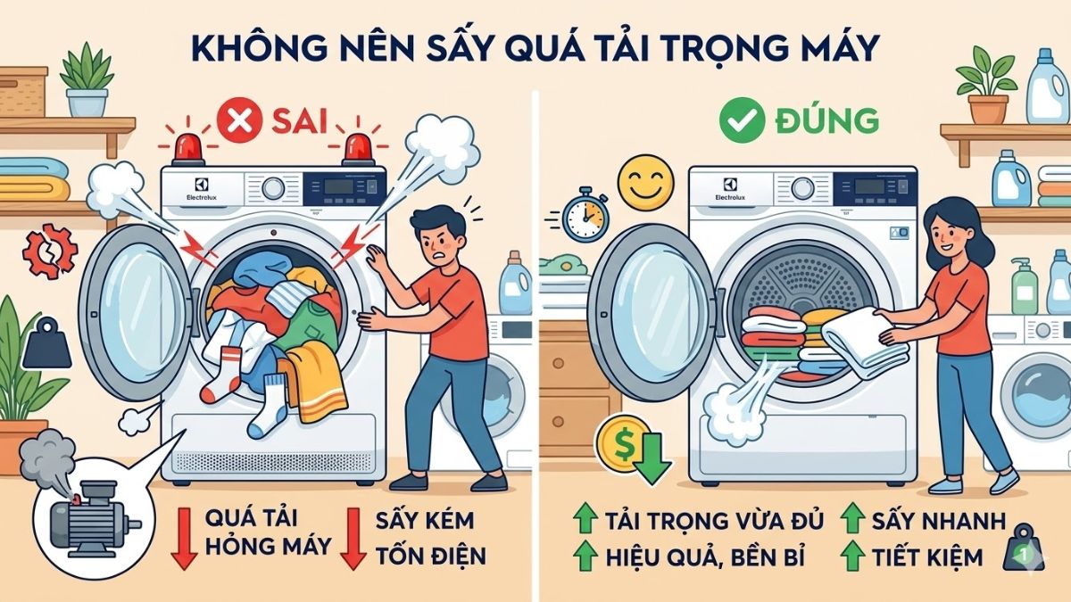 Không nên sấy quá tải trọng máy