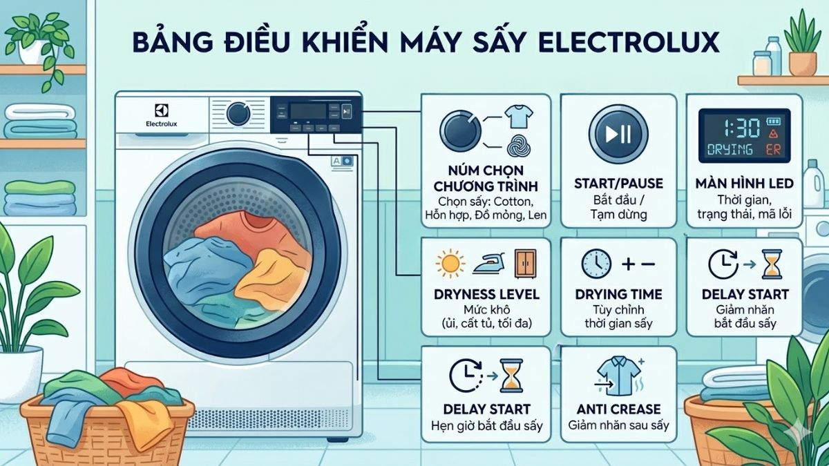 Các nút trên bảng điều khiển máy sấy Electrolux