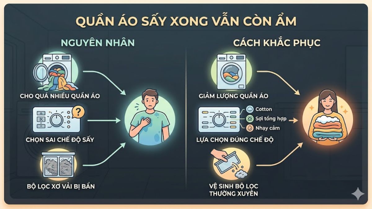 Quần áo sấy xong vẫn còn ẩm