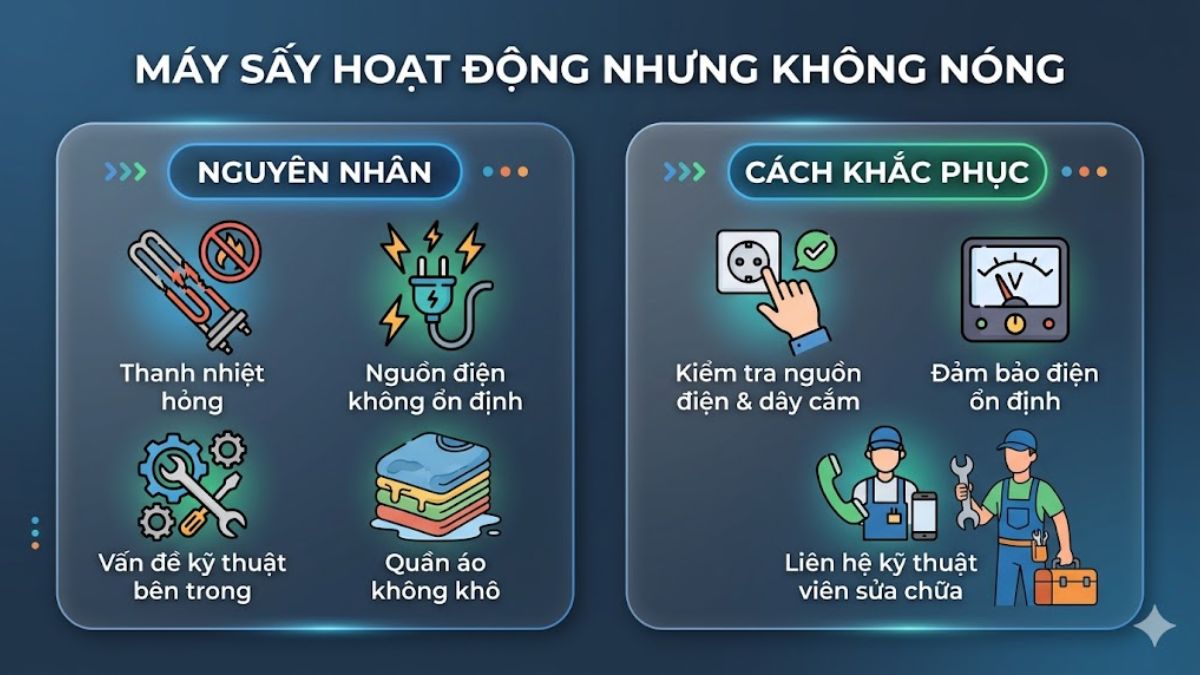 Máy sấy hoạt động nhưng không nóng