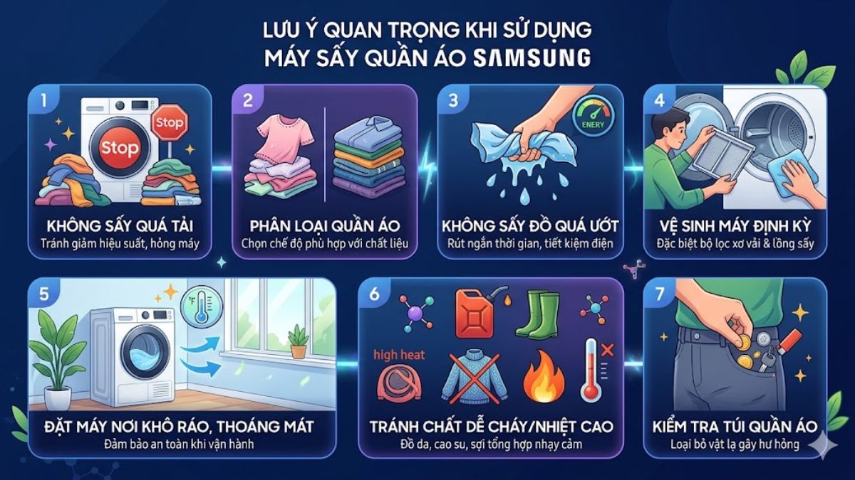 Những lưu ý quan trọng khi sử dụng máy sấy quần áo Samsung