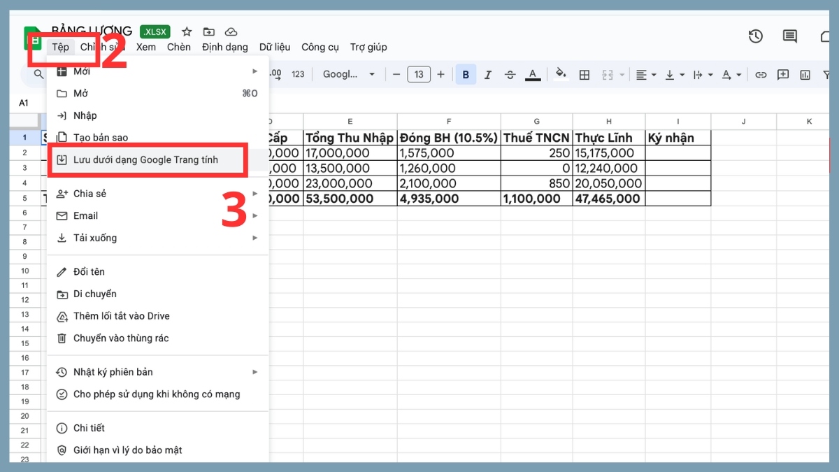 Chuyển đổi sang Google Sheet