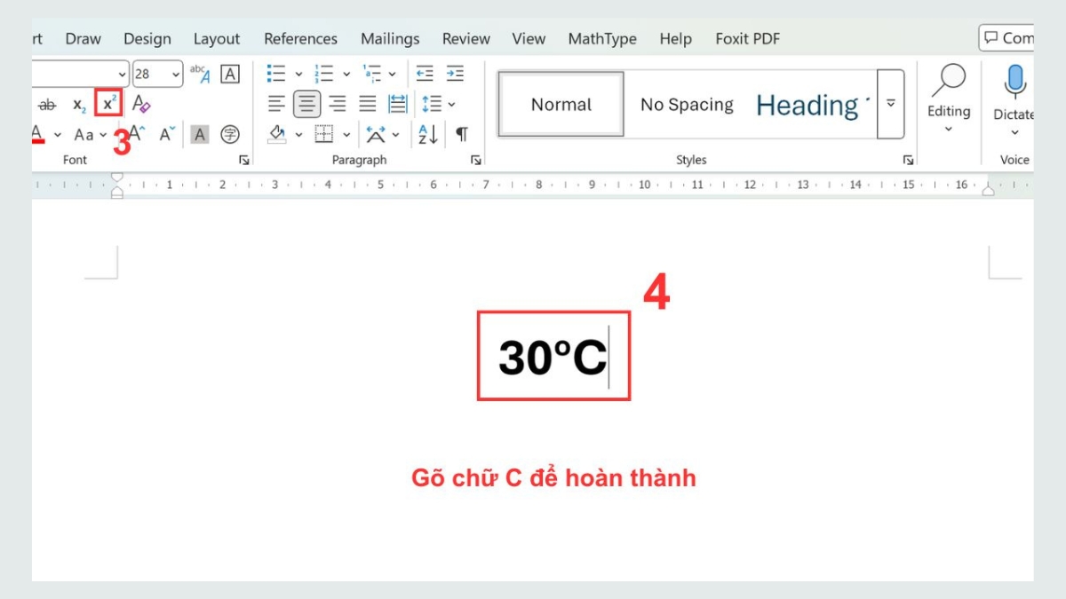 Dùng tính năng Superscript đề viết ký hiệu độ C trong Word