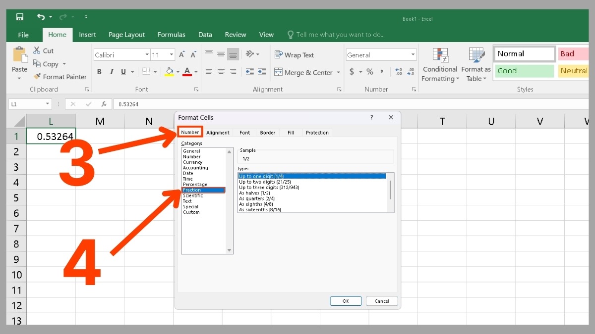 Dùng định dạng Fraction trong Format Cells để viết phân số trong Excel
