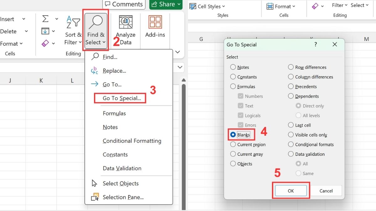 Sử dụng hộp thoại “Go To Special” để xóa ô trống trong Excel