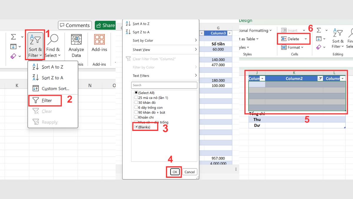 Sử dụng bộ lọc Filter để xóa ô trống trong Excel